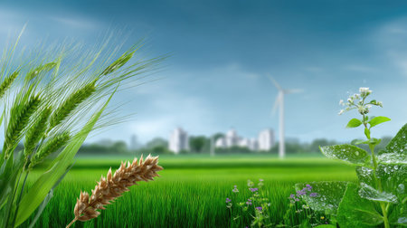 This stunning image showcases a vibrant agricultural landscape featuring wheat, a wind turbine, and a city skyline, illustrating sustainable farming practices.の素材