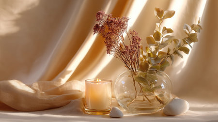 This soft, warm image showcases a beautiful arrangement of dried flowers in a glass vase accompanied by a glowing candle, creating a serene and inviting ambiance.の素材