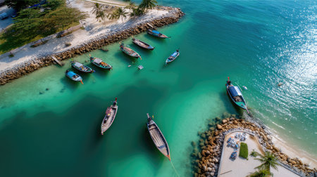 This stunning aerial photo captures colorful fishing boats anchored in crystal-clear waters, framed by sandy beaches and lush palm trees, inviting tranquility.の素材