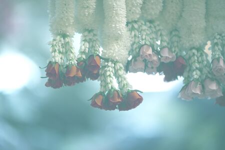 Close up garland of flowers in a flower shop vintage blur, soft focus.の写真素材