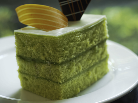 Sponge Cake Layered in Rich Pandan Kaya. With a grated coconut for the finishingの写真素材