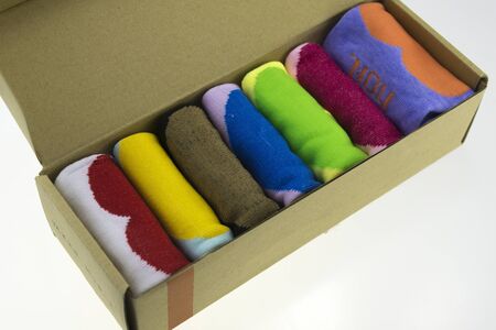 Colorful socks isolated on white background. Focus blur socksの写真素材