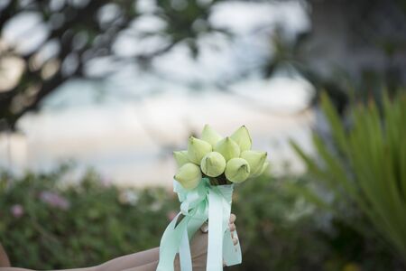 Bride from behind throw the bouquet from green  lotusの写真素材