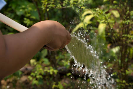 Women hand watering with a hose Motion blurの写真素材