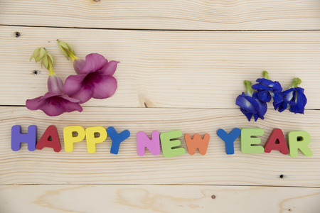 Happy New Year text in vintage letterpress wood type blocksの写真素材