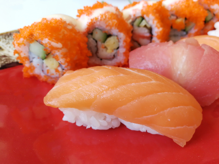Sushi Set, Different Sushi on red plateの写真素材