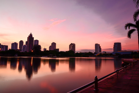 Bangkok City at night with daylight Reflection of Bangkok skyline Thailandの写真素材