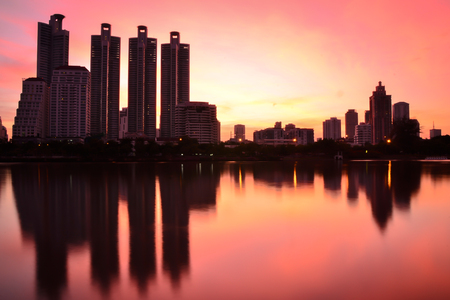 Bangkok City at night with daylight Reflection of Bangkok skyline Thailandの写真素材