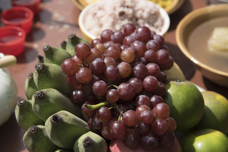 Sacrificial offering food for pray to god and memorial to ancestor in Chinese new year, Thailand.の写真素材