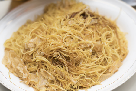 Sacrificial offering food for pray to god and memorial to ancestor in Chinese new year, Thailand.の写真素材