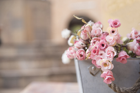 Artificial flower with bright pots as a background or wallpaper.の写真素材