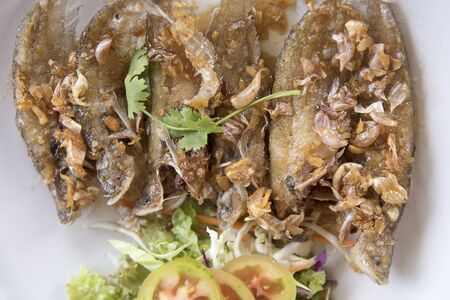 Deep Fried Fish with Garlic as a background or wallpaper.の写真素材