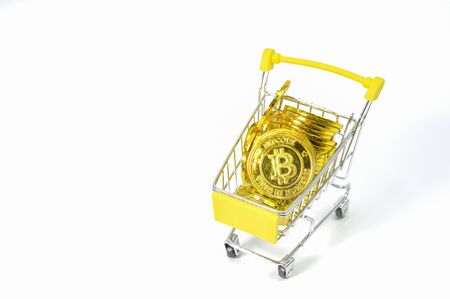 Shopping Cart, Bitcoin Coin, Electronic Currency, White Backdropの写真素材