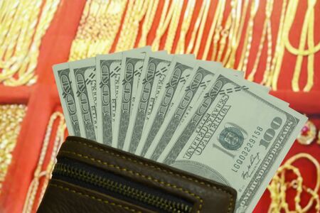 Bag with dollar bank and gold on the background