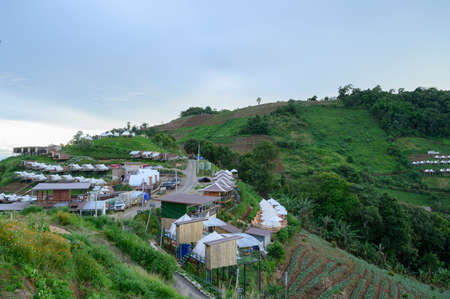 Views of the landscape of tourism and accommodation at the foot of the mountainの写真素材