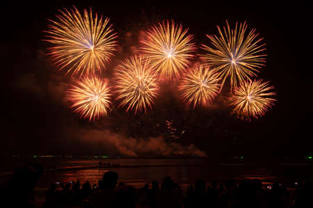Fireworks and fireworks celebrating black background with copy space