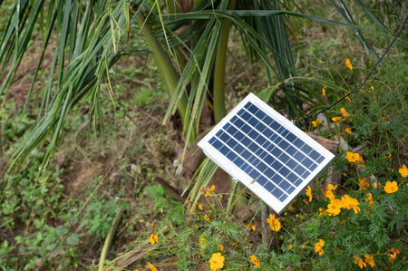 Small solar panels placed on blurred nature background and flowersの写真素材