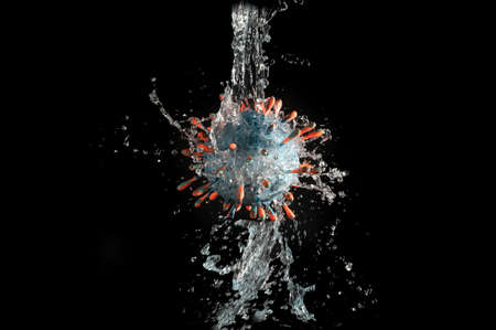 Image of the virus  falling into the water with splashes and risk concept on a black background