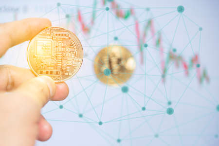 Business and bitcoin stock graph and distributed ledger technology concept with copy spaceの写真素材