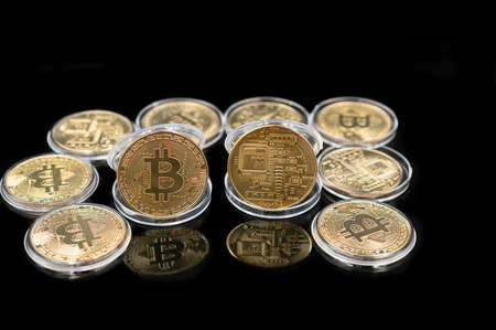 Bitcoin gold coin with copy space and account technology concept on abstract background
