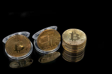 Bitcoin gold coin with copy space and account technology concept on abstract background