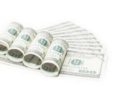 Hundred dollar bills, white background with business idea, with copy space.の写真素材