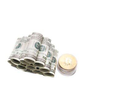 Circular rolled dollar bills with bitcoins on white background business concept back with copy spaceの写真素材