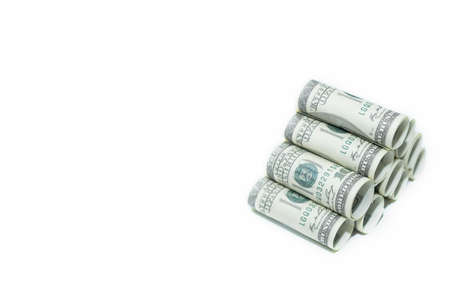 Hundred dollar bills, white background with business idea, with copy space.の写真素材