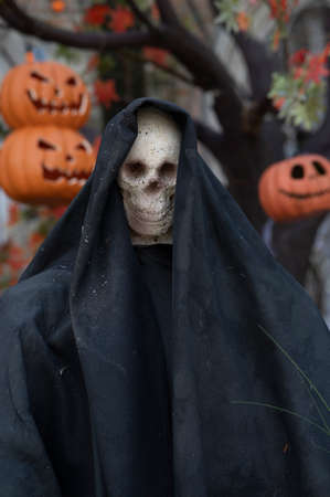 Halloween human skull abscess in black cloak concept on copy spaceの写真素材