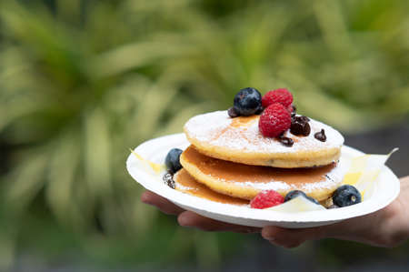 Pancakes on plate, breakfast or brunch concept in nature background.の写真素材
