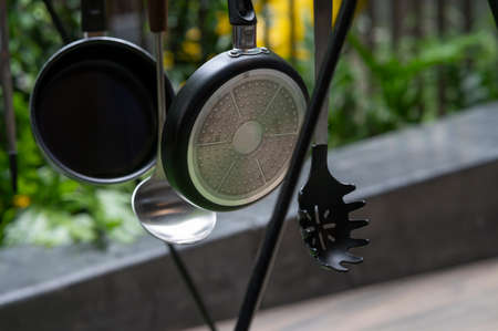 Accessories for hiking trips that hang on the ground.の写真素材