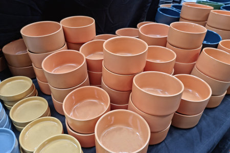 A shop selling orange terra-cotta coffee cups stacked on top of each other.