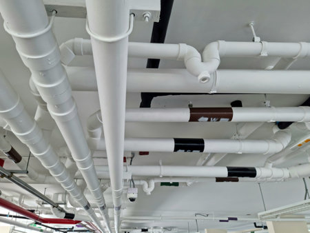Pipes under buildings for drainage systems and electrical pipes on architecture and technology background.の写真素材