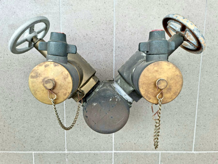 Old fire hydrant on the wall of a building on an abstract wallpaper background.
âの写真素材
