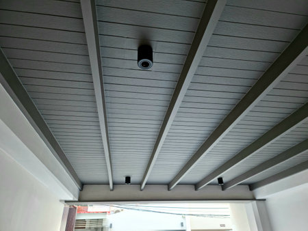 Section of solid wood roof structure with mixed concrete as background image/texture.の写真素材