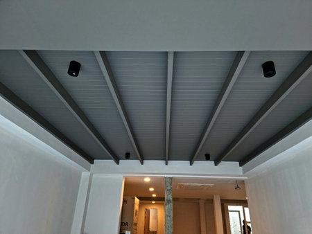 Section of solid wood roof structure with mixed concrete as background image/texture.の写真素材