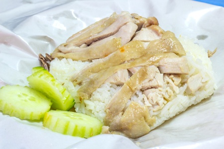 Hainanese chicken rice, steamed chicken and white riceの写真素材
