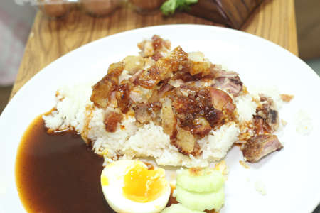 Rice with roasted pork Thailand foods  Rice with roasted pork in the table の写真素材
