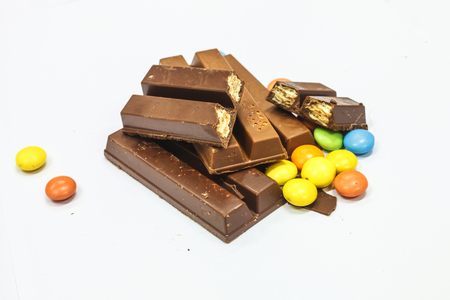 Wafer chocolate and chocolate Colorful beadsの写真素材