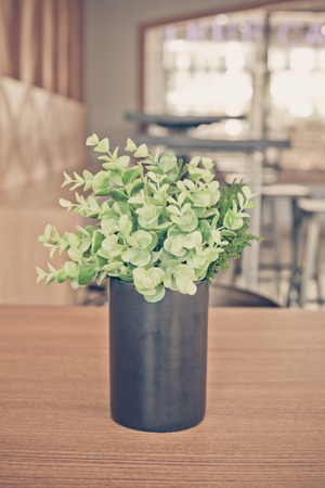 Flower pot on the wooden table, vintage filter.の写真素材