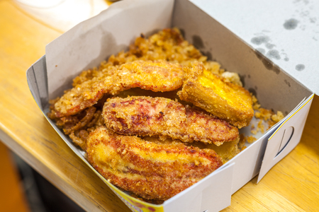 Fried Bananas in white box - Thai Snackの写真素材