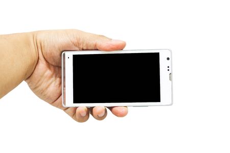hand holding blank smart phone isolated on white backgroundの写真素材