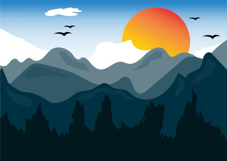 Colorful landscape cartoon style,  mountain and trees, Green field and hills landscape, background landscape vector.のイラスト素材