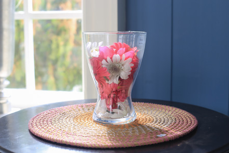 Flower vase made of glass in the interior.の写真素材