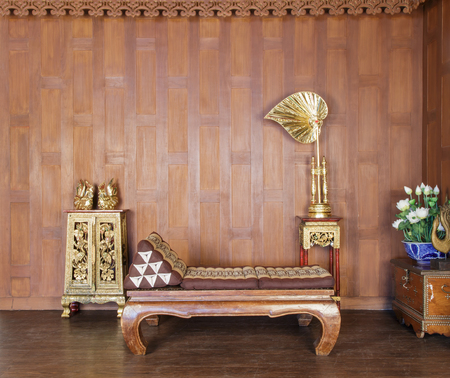 table, chairs and floor of old Thai houseの写真素材