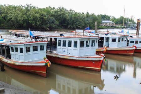 Public transport by very old wooden vessel at Chao Phraya River, thaiのeditorial素材