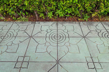 Garden stone path with grass and trees in park.の写真素材