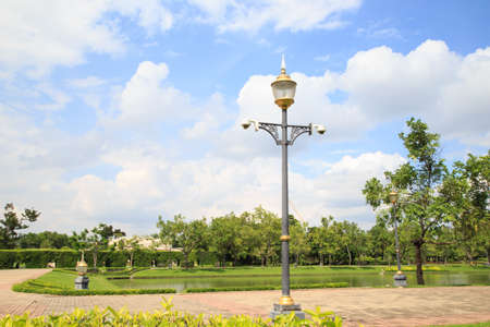 Garden stone path with grass and trees in park.の写真素材