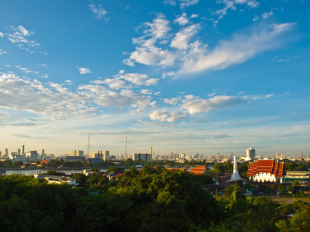 The large city with high buildings, trees and temples の写真素材