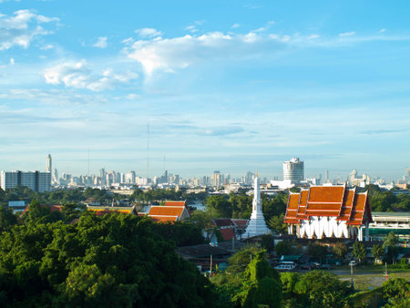 The large city with high buildings, trees and temples の写真素材